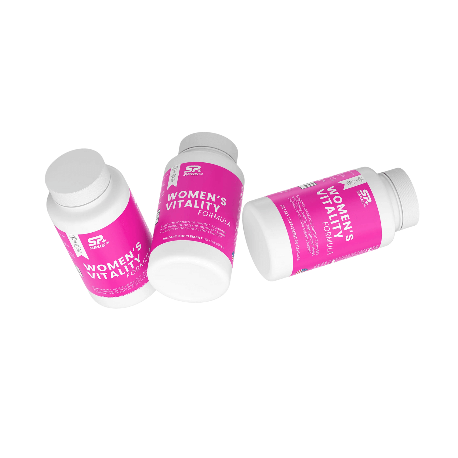 SUPLUS Feminine Vitality collection image with pink supplement bottles on a white background