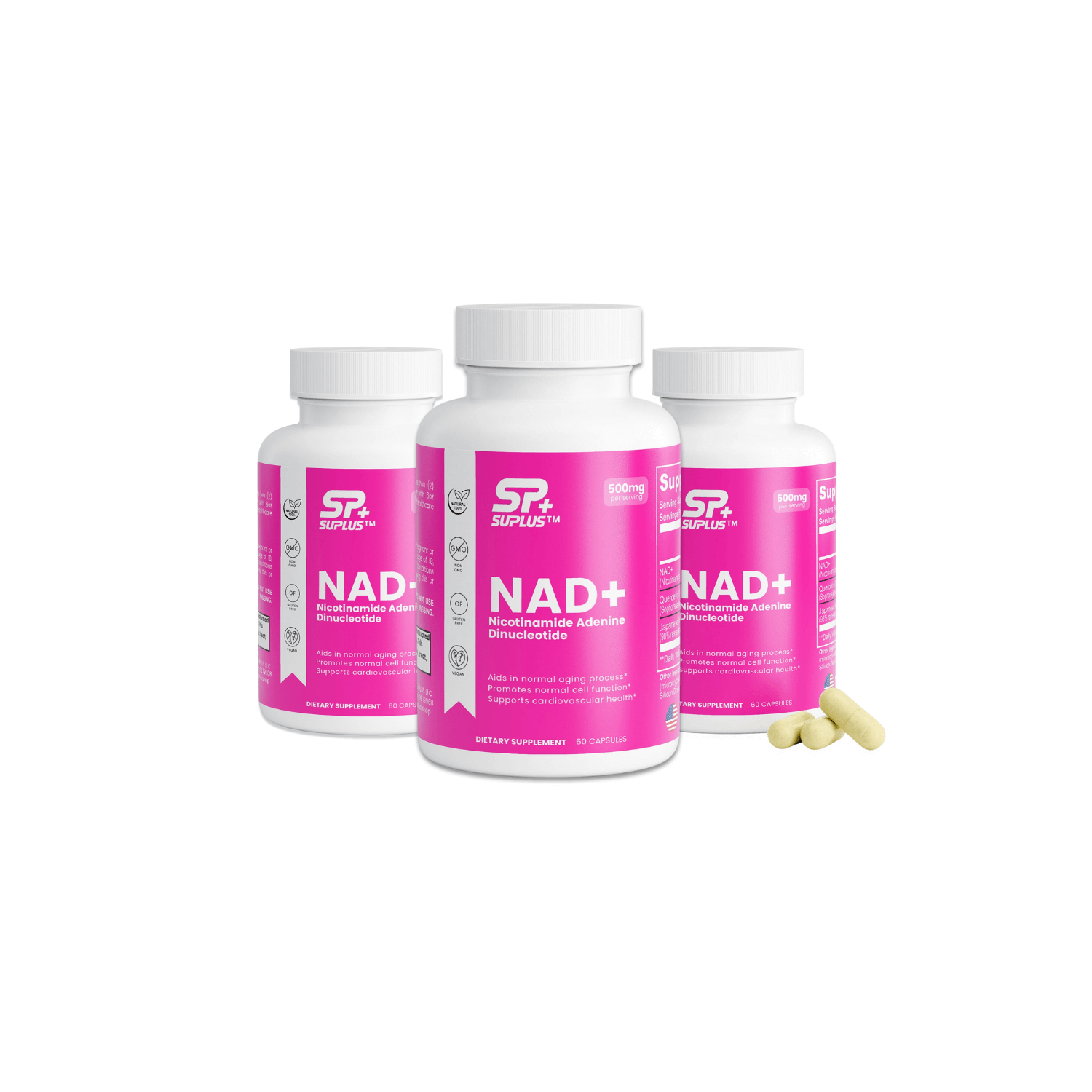 SUPLUS Energy and Longevity collection image with pink supplement bottle on white background