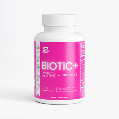 SUPLUS BIOTIC+ Probiotic Supplement bottle with white and pink label on a clean white background