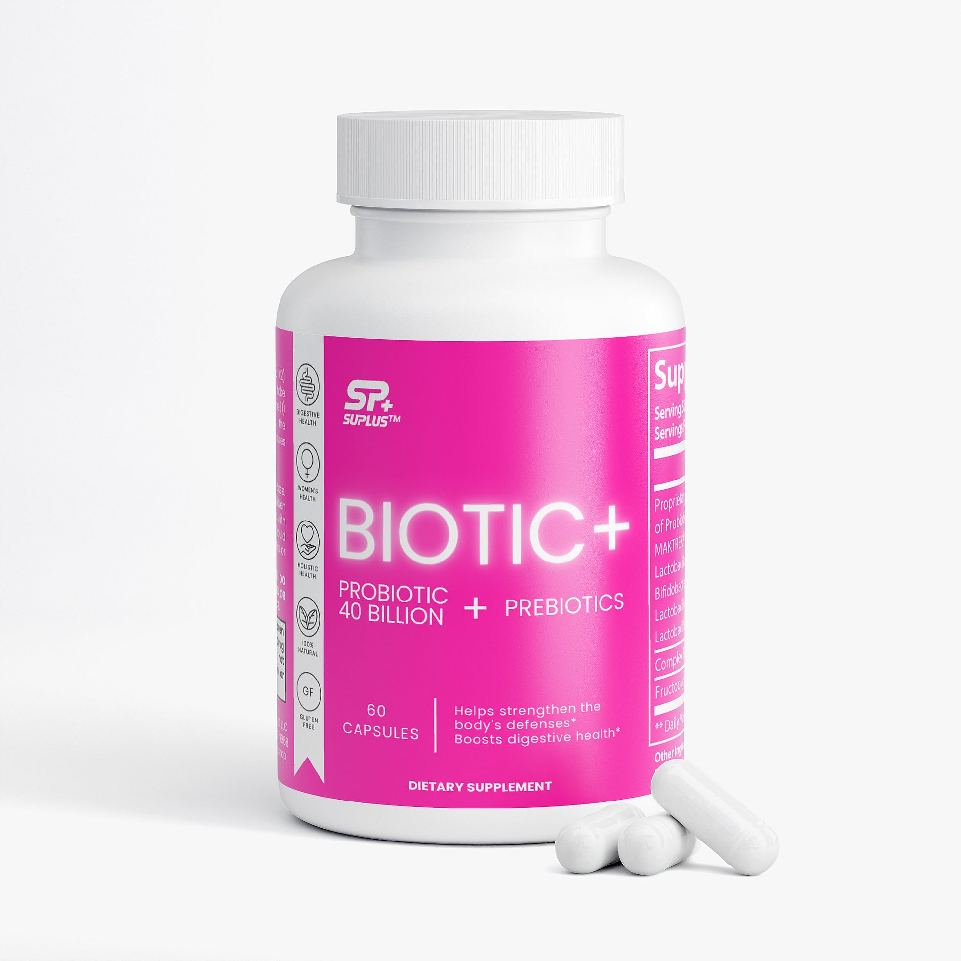 SUPLUS BIOTIC+ Probiotic Supplement bottle with white and pink label on a clean white background with capsules actual size