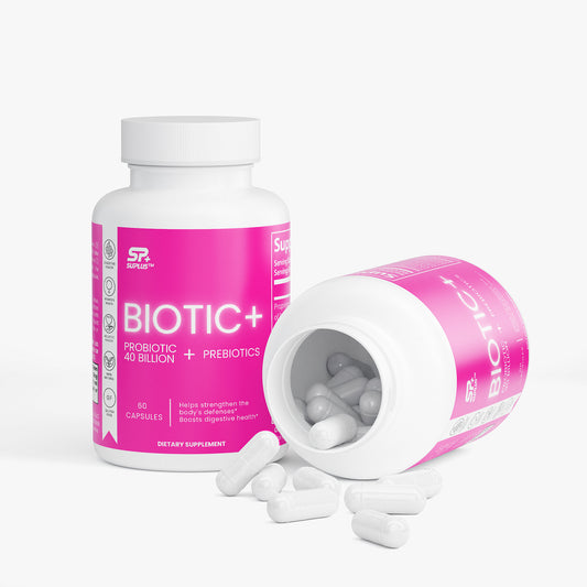 SUPLUS BIOTIC+ Probiotic Supplement bottle with white and pink label on a clean white background with bottle spilled