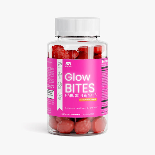 SUPLUS Wellness Starter Kit GlowBITES Hair Skin and Nails Gummies bottle with pink label on white background