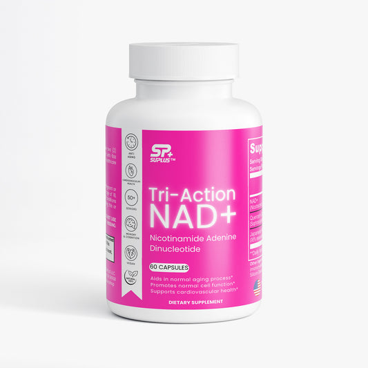 SUPLUS Tri Action NAD supplement bottle with teal and white label on a white background