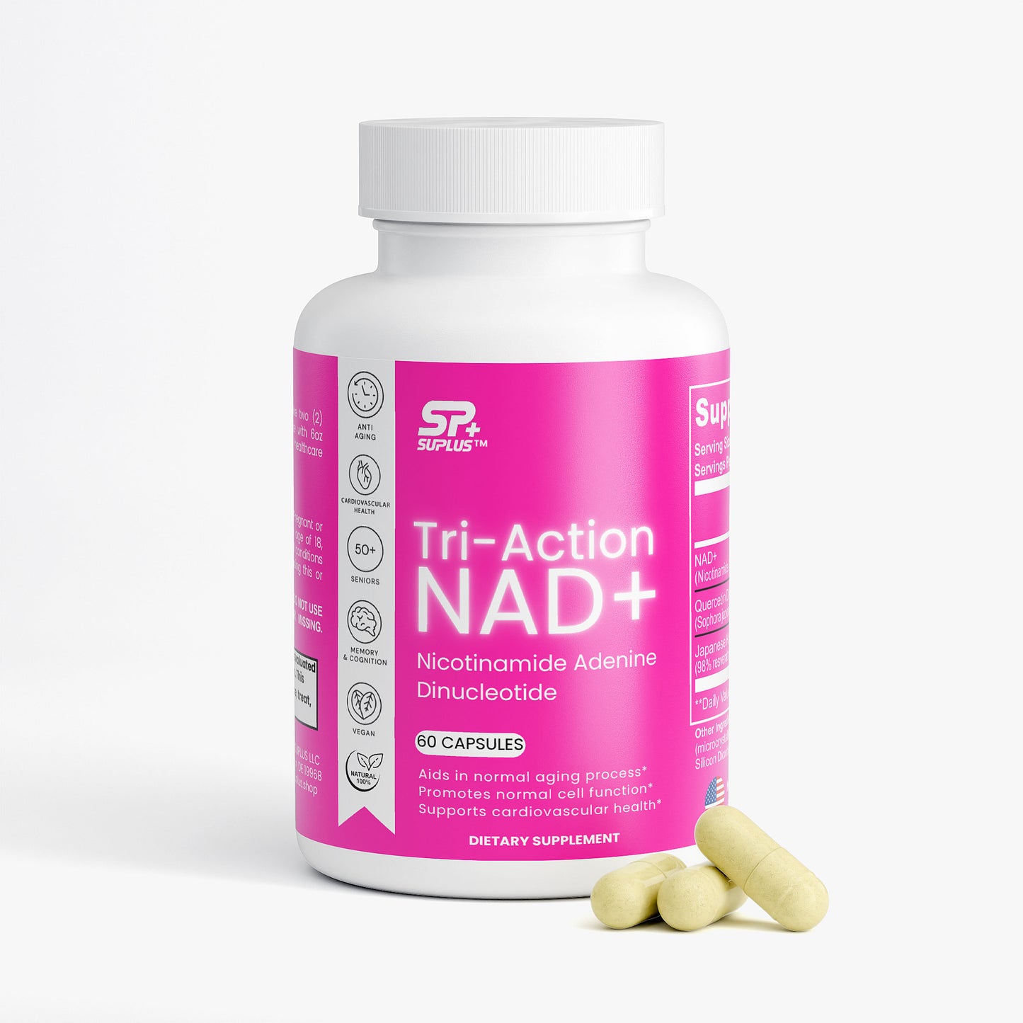SUPLUS Tri Action NAD bottle with capsules displayed on white surface
