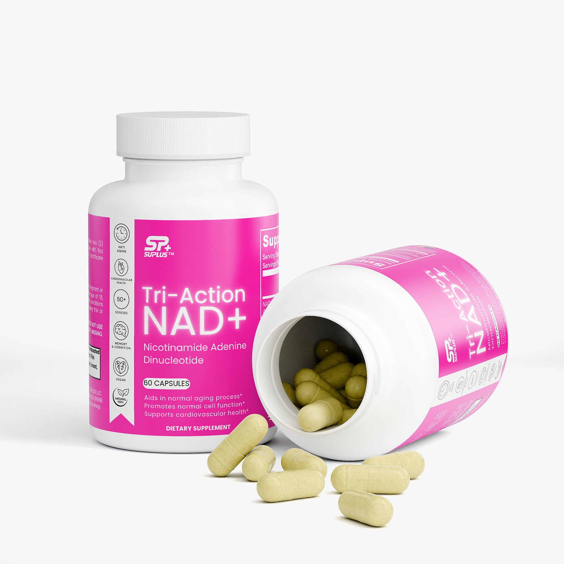 SUPLUS Tri Action NAD bottle displayed in a teal and white flat-lay scene