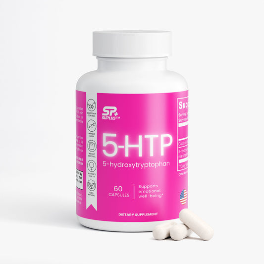 Front view of SUPLUS 5 HTP supplement bottle with pink label