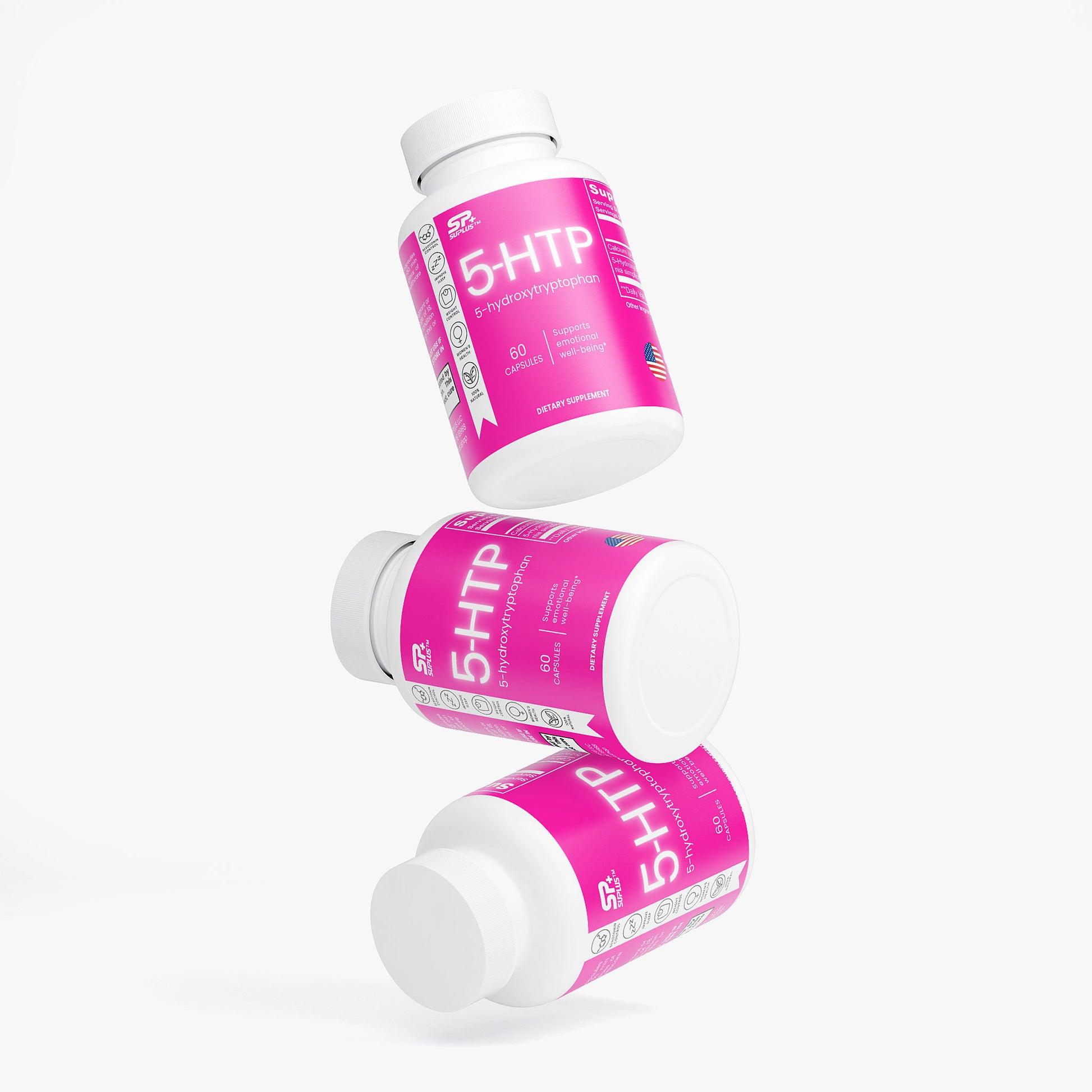 SUPLUS 5 HTP supplement bottle with capsules falling on a white background