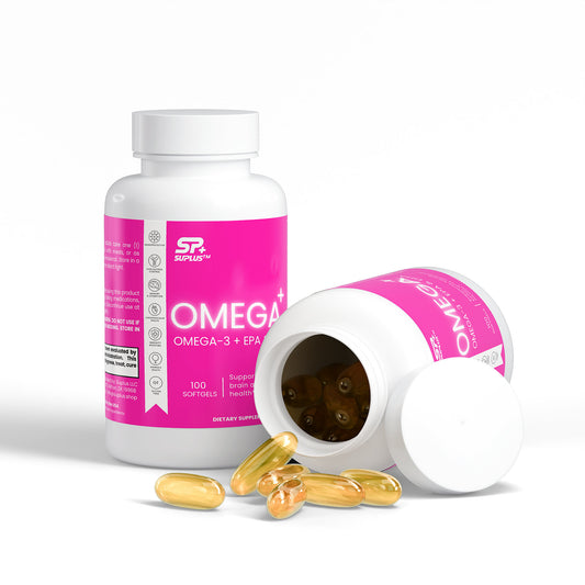 SUPLUS OMEGA+ Omega-3 EPA DHA supplement bottle with gold and white label with a spilled bottle