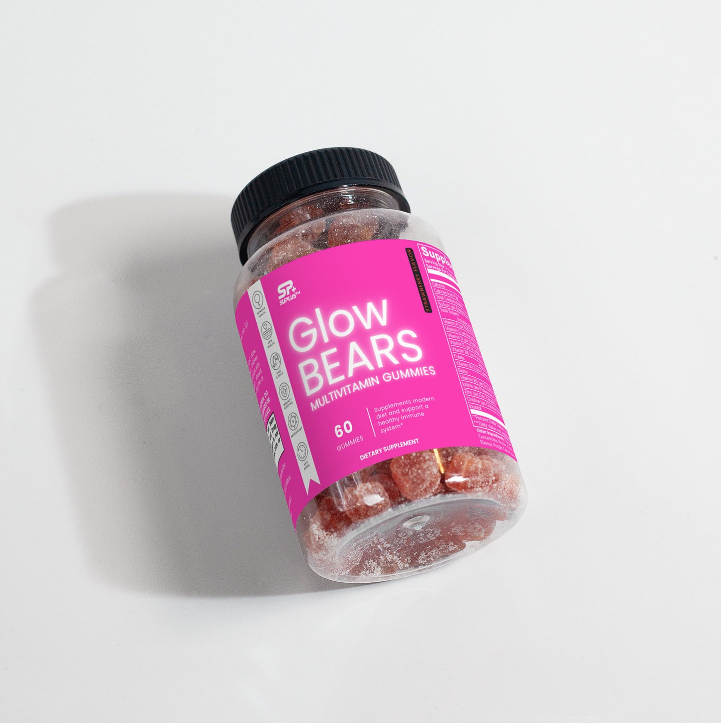 GlowBEARS multivitamin gummies for daily wellness in a jar, featuring delicious strawberry flavor and 60 pieces.