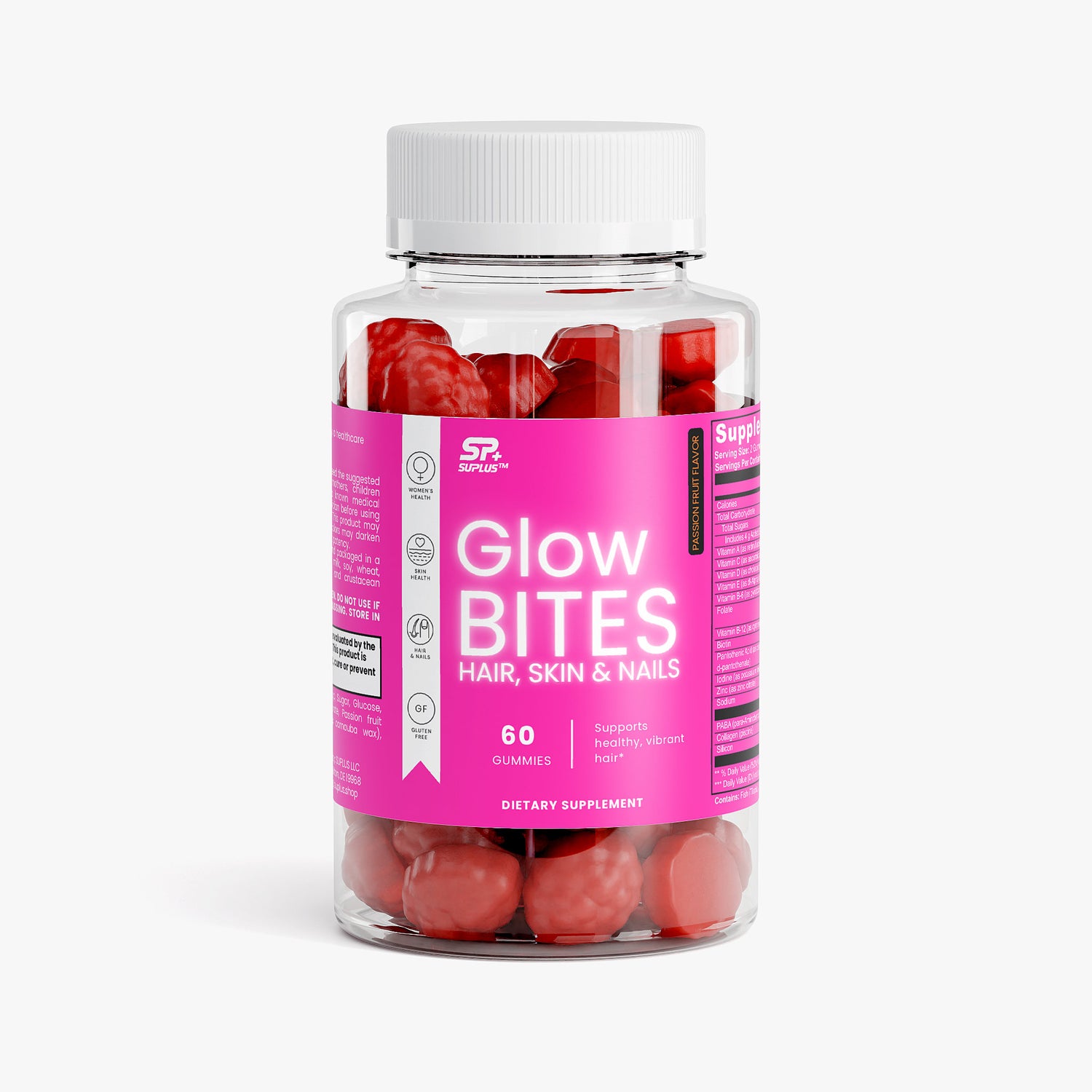 GLOWBITES Hair Skin and Nails Gummies bottle with vibrant pink label, containing 60 delicious gummies for beauty support.
