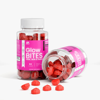 GLOWBITES Hair Skin and Nails Gummies in colorful packaging with gummies spilling out, promoting vibrant beauty.