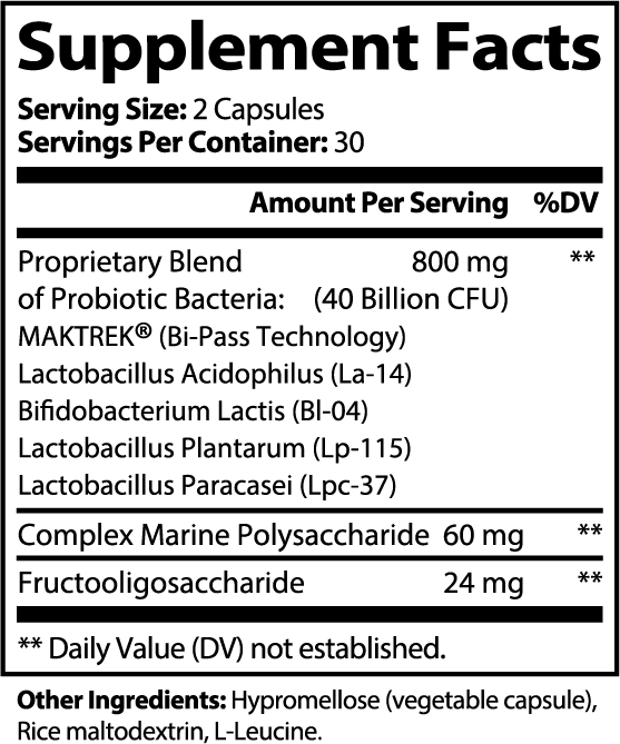 Supplement Facts panel for SUPLUS BIOTIC+ Probiotic Supplement showing ingredients