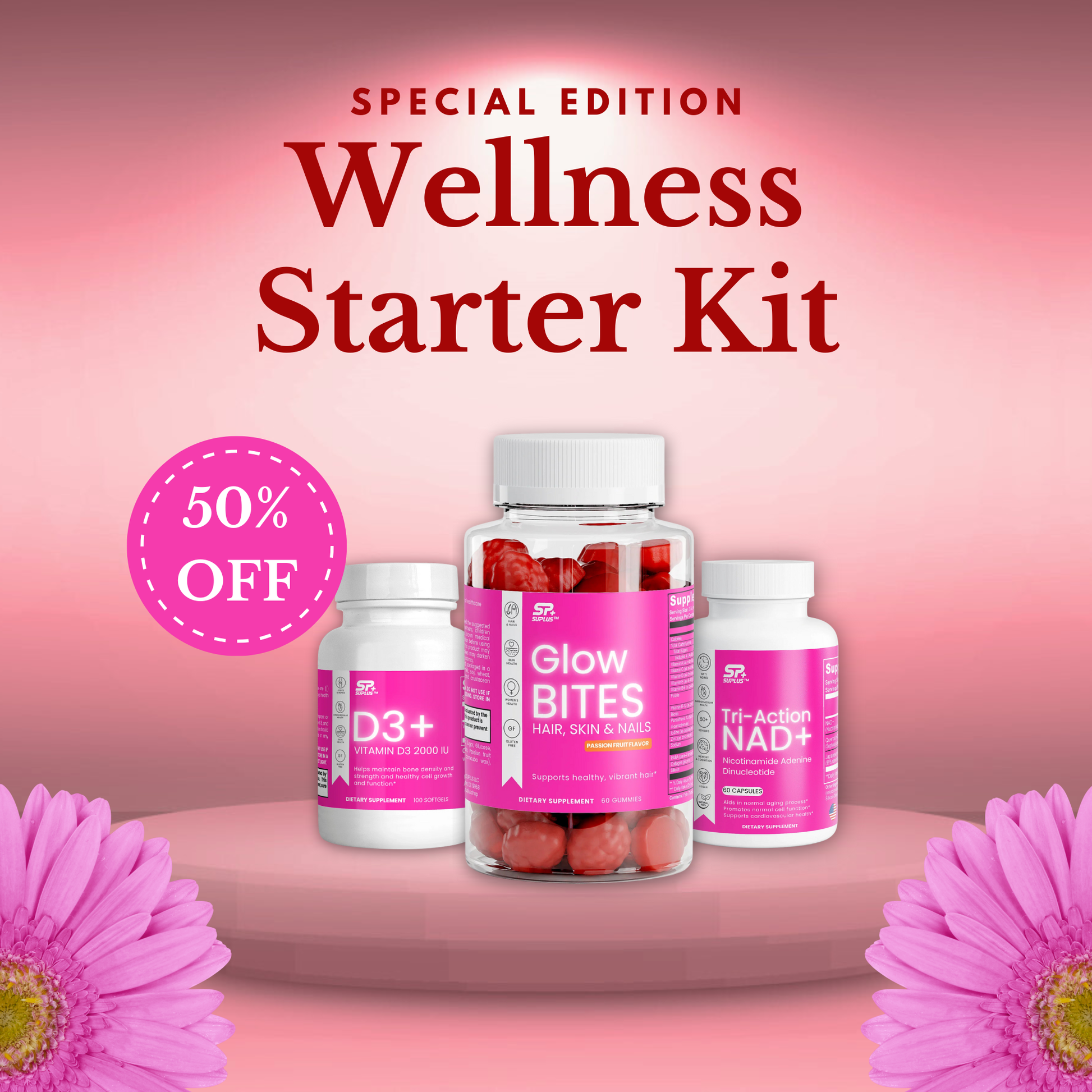 SUPLUS Wellness Starter Kit bundle displayed on pink background with all three supplements